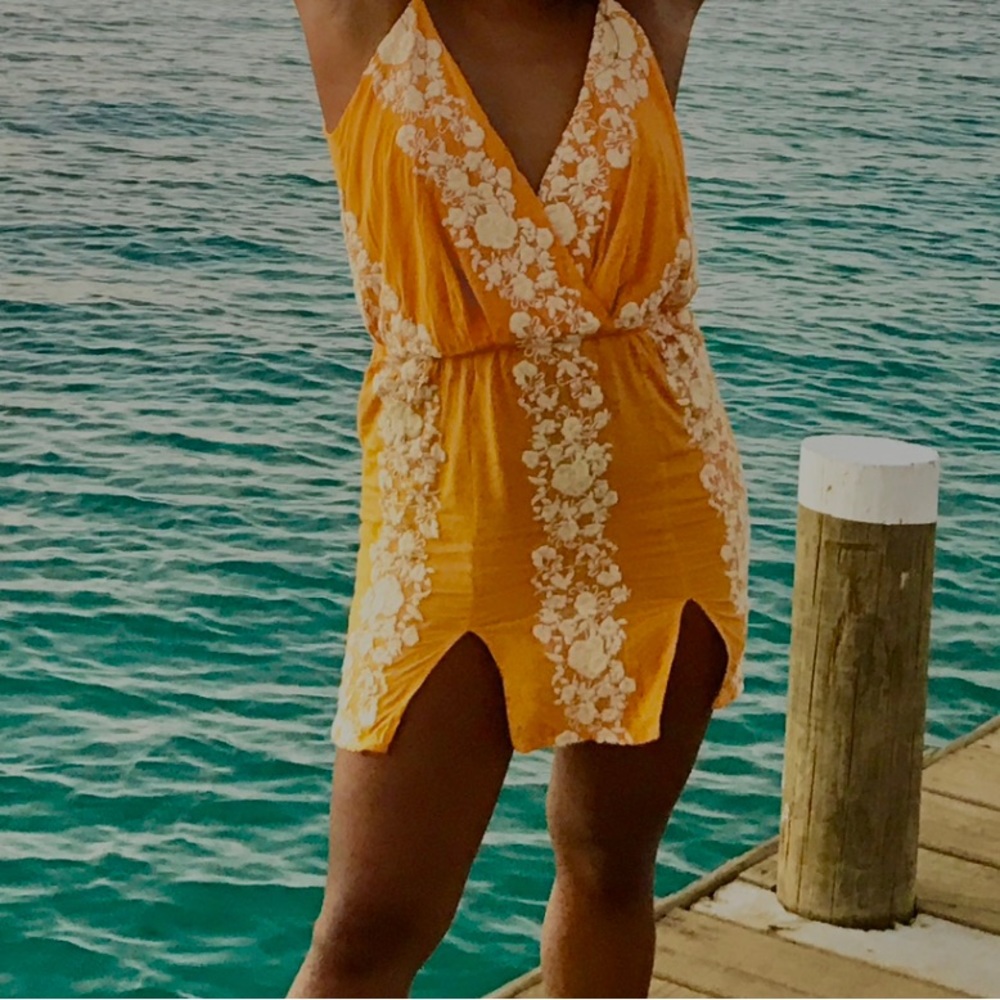 Yellow embroidered floral mini dress
